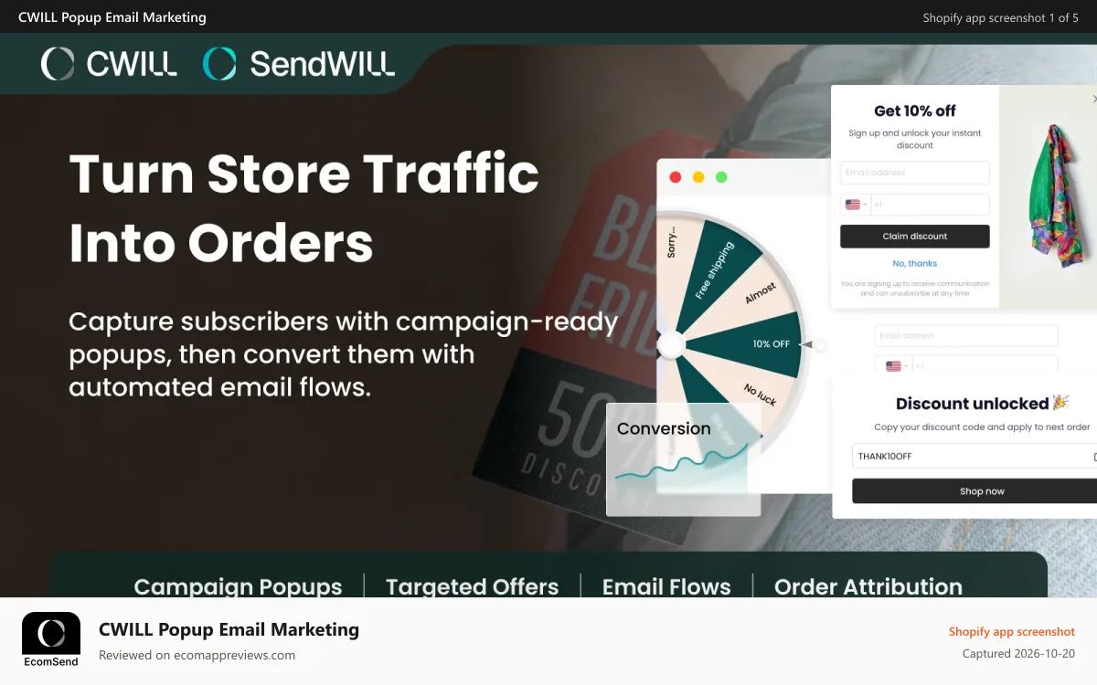 CWILL Popup Email Marketing Shopify app screenshot: Grow Email & SMS Marketing List · Boost Sales · 24/7 Support