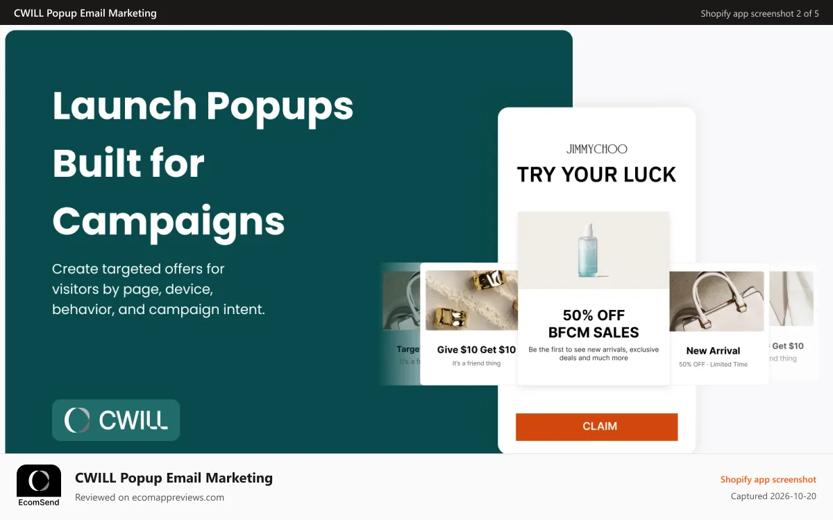 CWILL Popup Email Marketing Shopify app screenshot: Grow email & SMS marketing list with opt‑in or exit intent popup