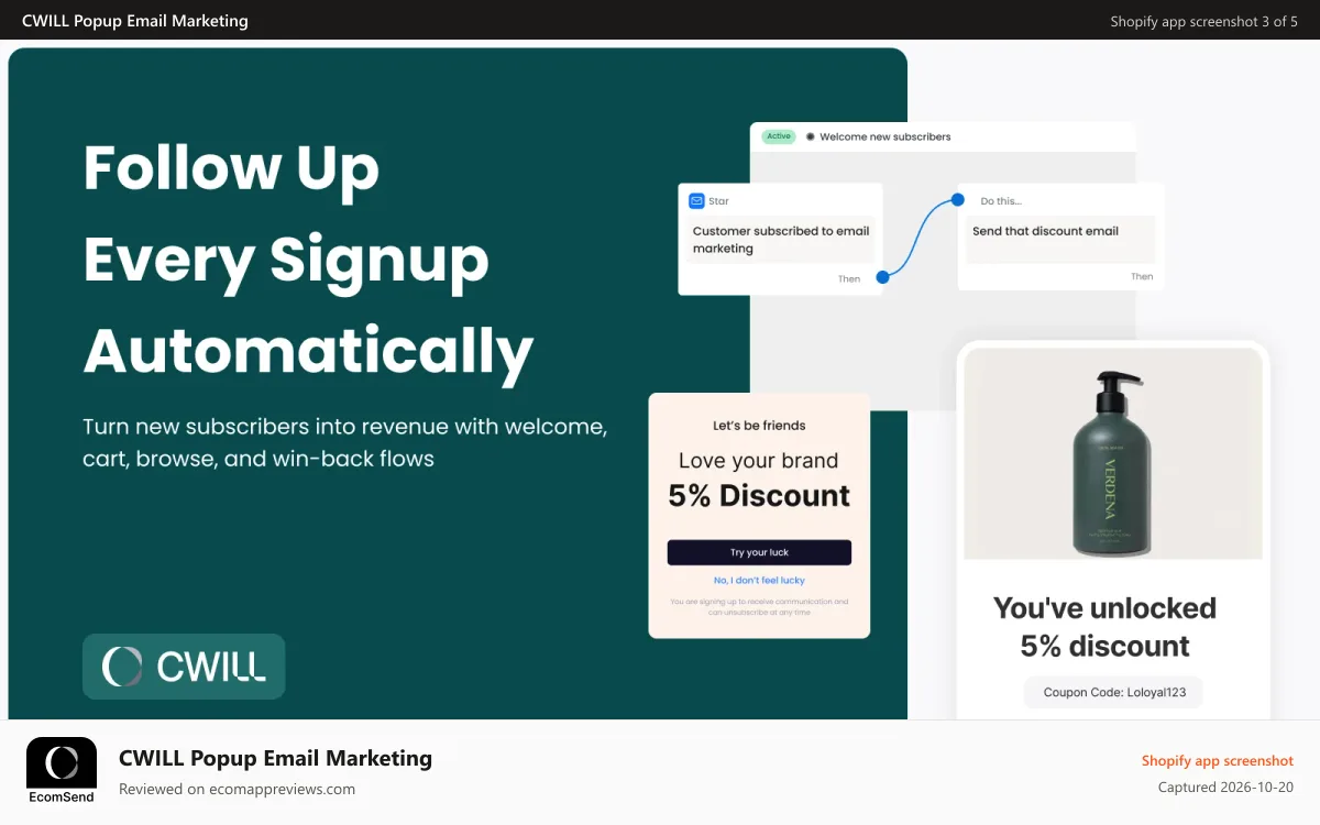 CWILL Popup Email Marketing Shopify app screenshot: Attract visitors through gamification, get 3X conversion rate