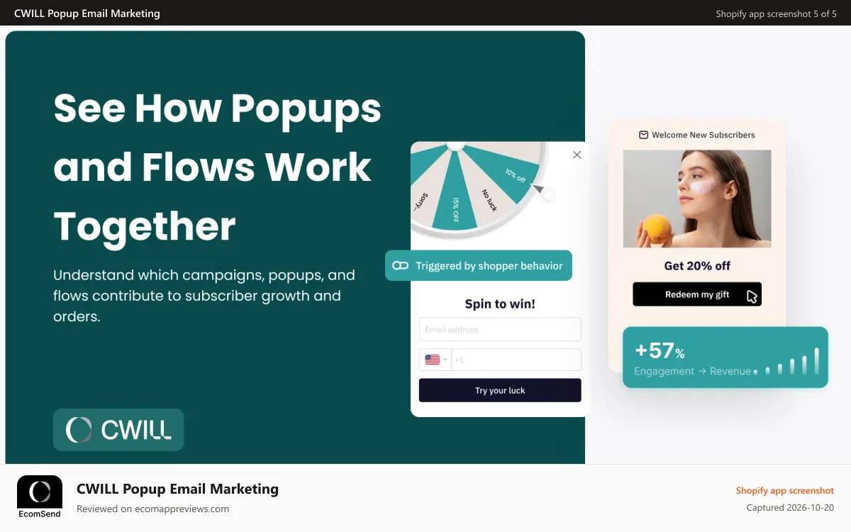 CWILL Popup Email Marketing Shopify app screenshot: Convert more sales with custom discount codes
