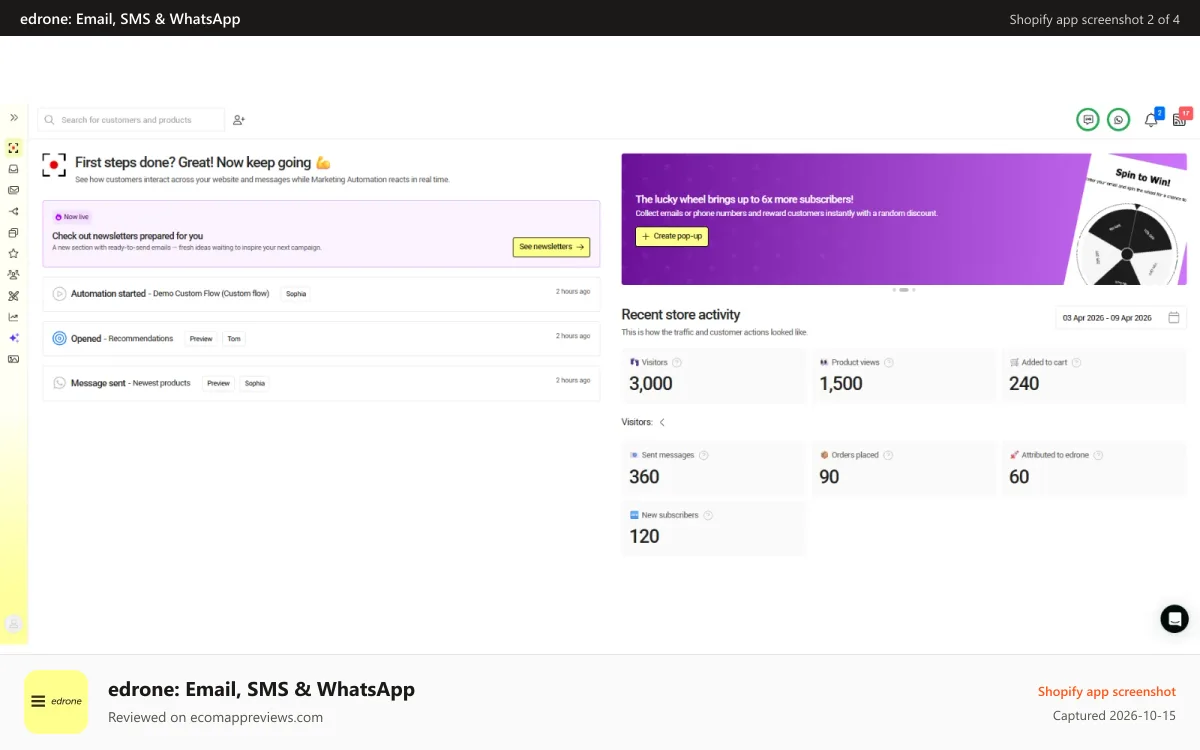 edrone: Email, SMS & WhatsApp Shopify app screenshot: Live Events