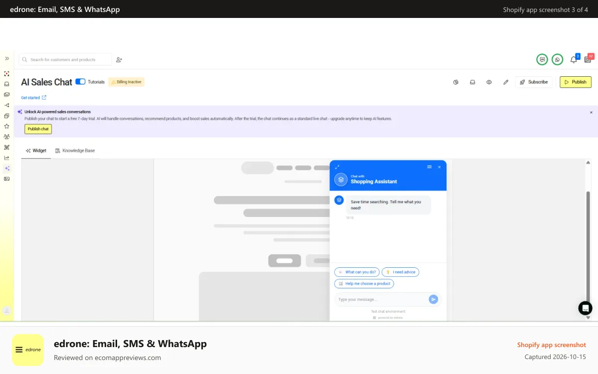 edrone: Email, SMS & WhatsApp Shopify app screenshot: AI Chat