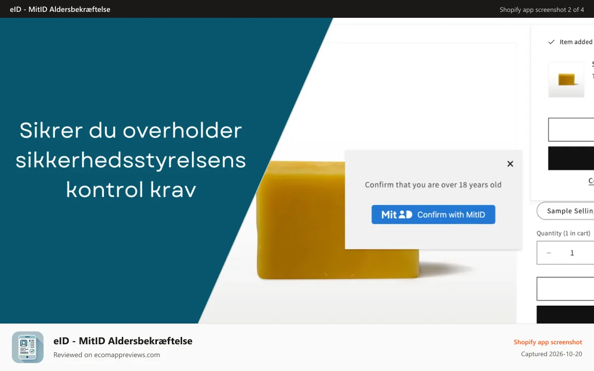 eID ‑ MitID Aldersbekræftelse Shopify app screenshot: Overholder sikkerhedstyrelsens krav til aldersvalidering