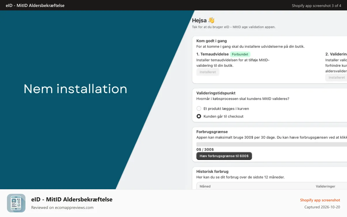 eID ‑ MitID Aldersbekræftelse Shopify app screenshot: Nem installation