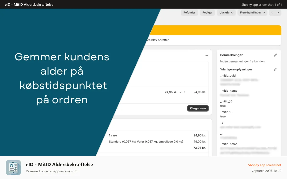 eID ‑ MitID Aldersbekræftelse Shopify app screenshot: Gemmer kundens alder på ordren