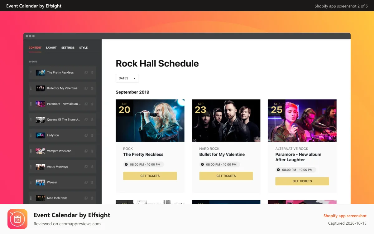 Event Calendar by Elfsight Shopify app screenshot: Add as many events as you need to attract more users