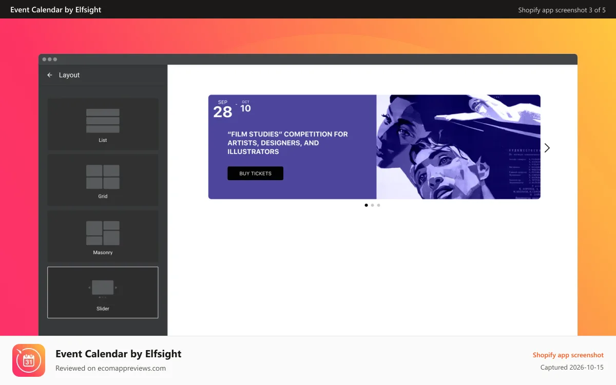 Event Calendar by Elfsight Shopify app screenshot: Four layouts for best positioning of the widget on the page