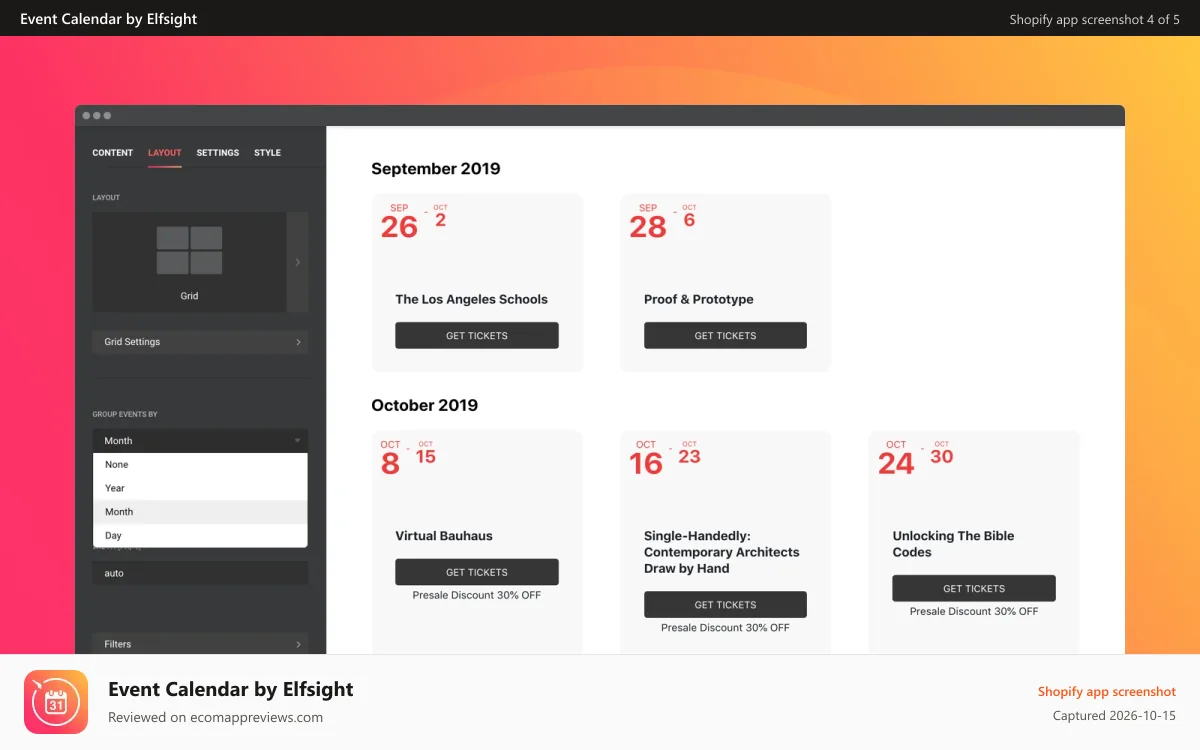 Event Calendar by Elfsight Shopify app screenshot: Group events as you need for better user convenience