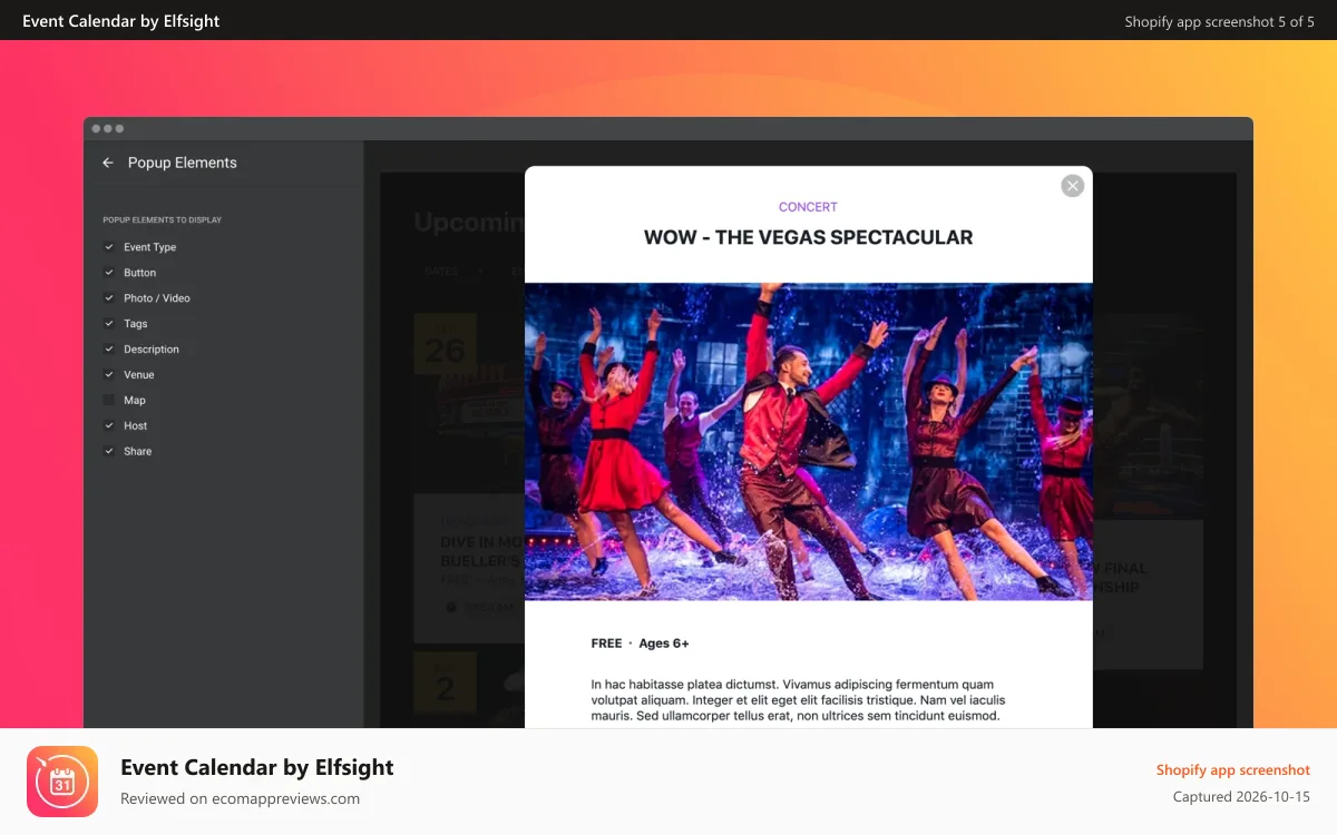 Event Calendar by Elfsight Shopify app screenshot: 9 switchable popup elements to tell more about the event