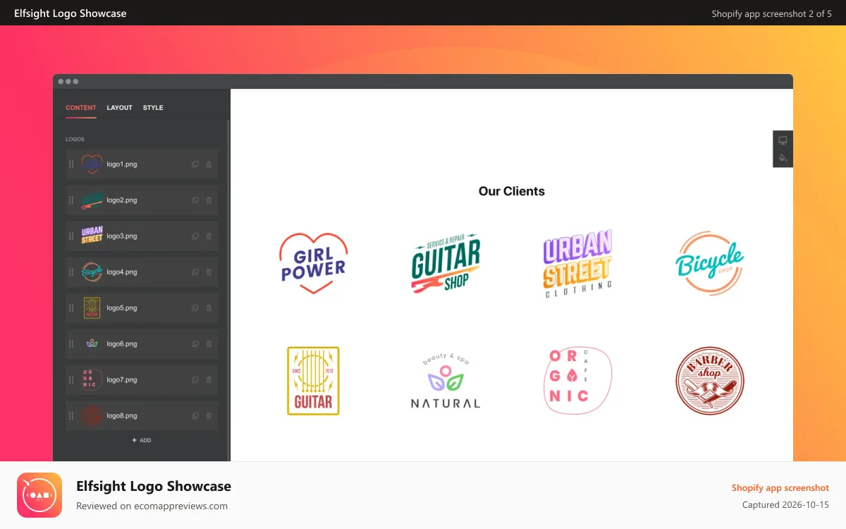 Elfsight Logo Showcase Shopify app screenshot: Demonstrate logos of your greatest clients