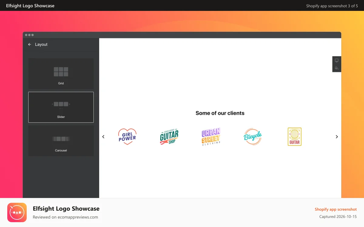 Elfsight Logo Showcase Shopify app screenshot: Turn rotation on to show all the logos at once
