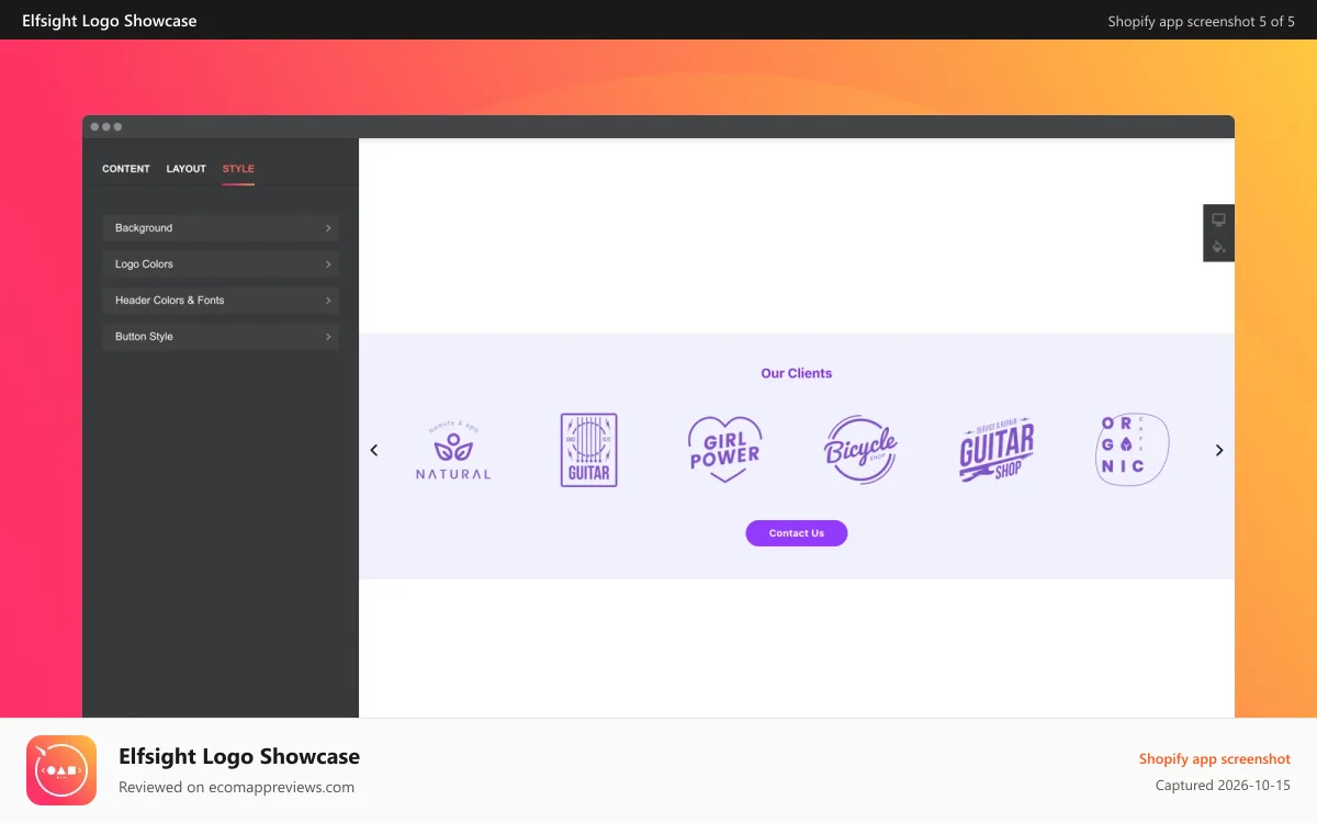 Elfsight Logo Showcase Shopify app screenshot: Paint the logos and backgrounds any colors