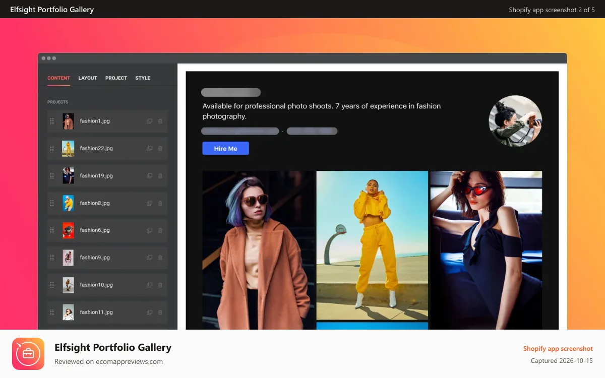 Elfsight Portfolio Gallery Shopify app screenshot: Represent yourself and your works in plain view