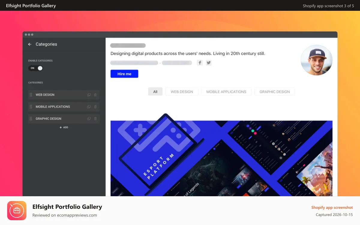 Elfsight Portfolio Gallery Shopify app screenshot: Apply different filters to organize your works in categories