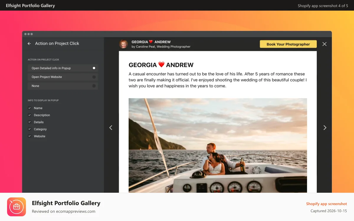 Elfsight Portfolio Gallery Shopify app screenshot: Use Popup to highlight essential data and add multiple images
