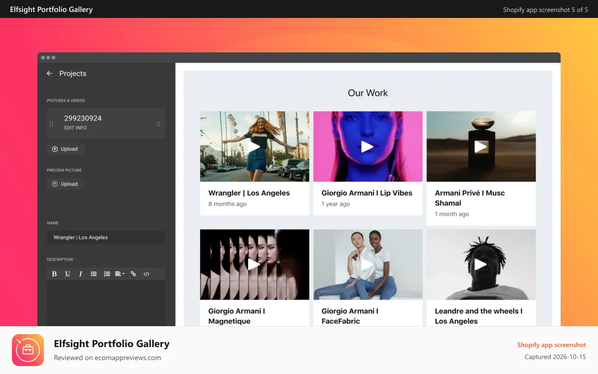 Elfsight Portfolio Gallery Shopify app screenshot: Create video portfolio adding YouTube and Vimeo videos