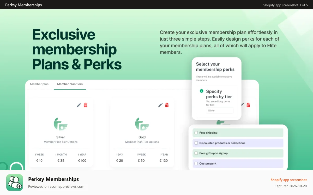 Perksy Memberships Shopify app screenshot: Exclusive membership plans & perks