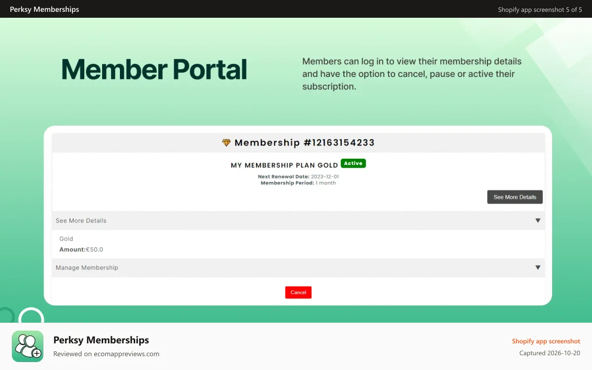 Perksy Memberships Shopify app screenshot: Member portal