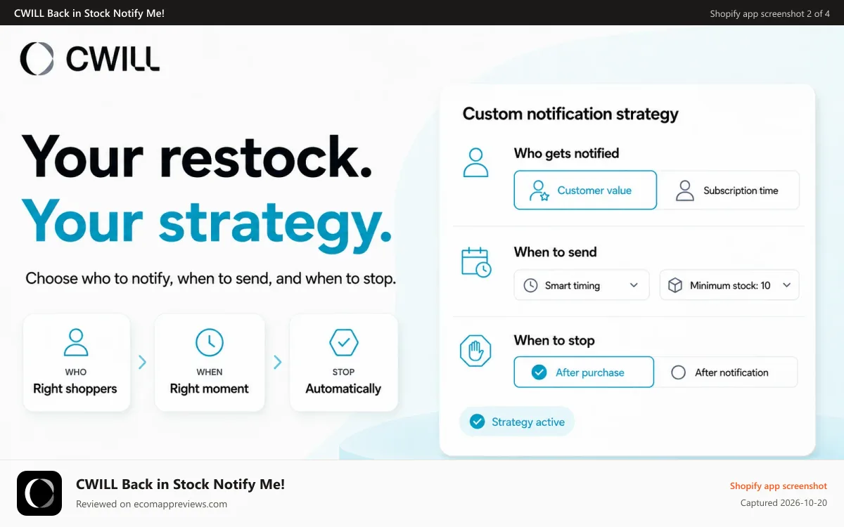 CWILL Back in Stock Notify Me! Shopify app screenshot: Automatically send email