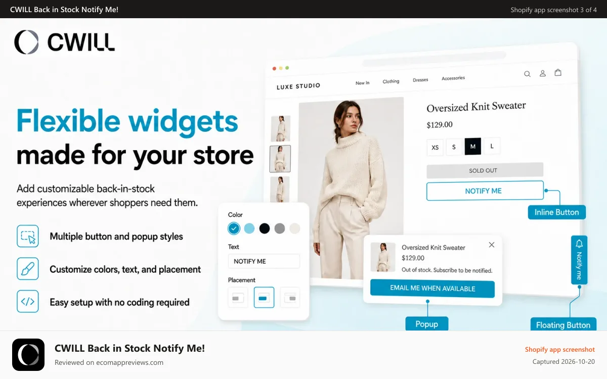 CWILL Back in Stock Notify Me! Shopify app screenshot: Fully customizable