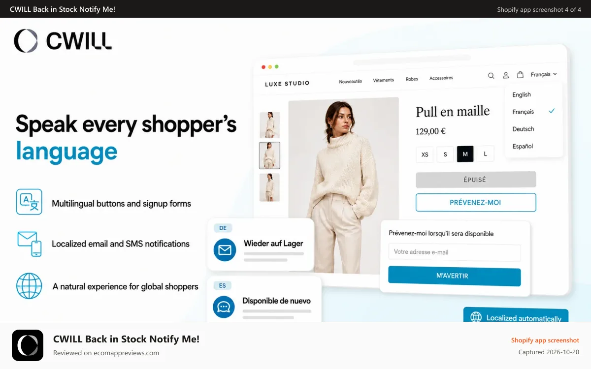 CWILL Back in Stock Notify Me! Shopify app screenshot: Multiple languages