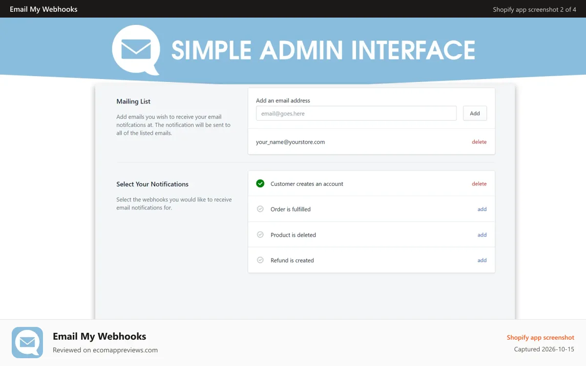 Email My Webhooks Shopify app screenshot: Simple admin interface