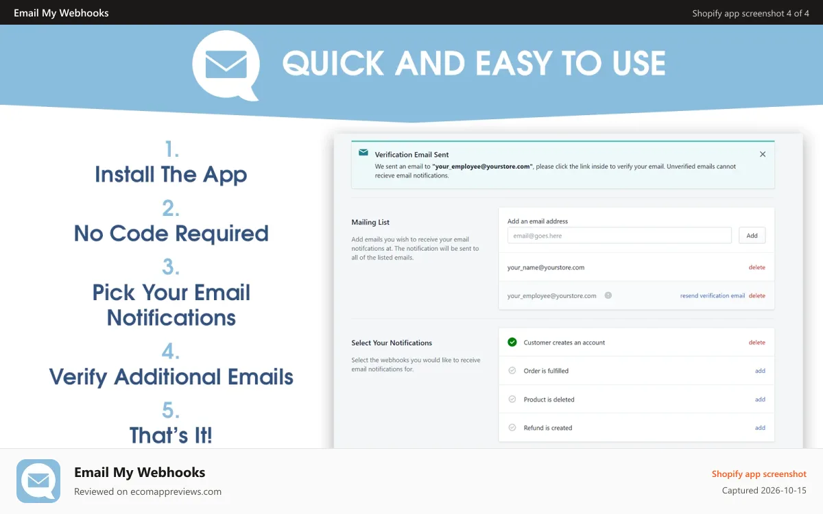 Email My Webhooks Shopify app screenshot: Simple to set up