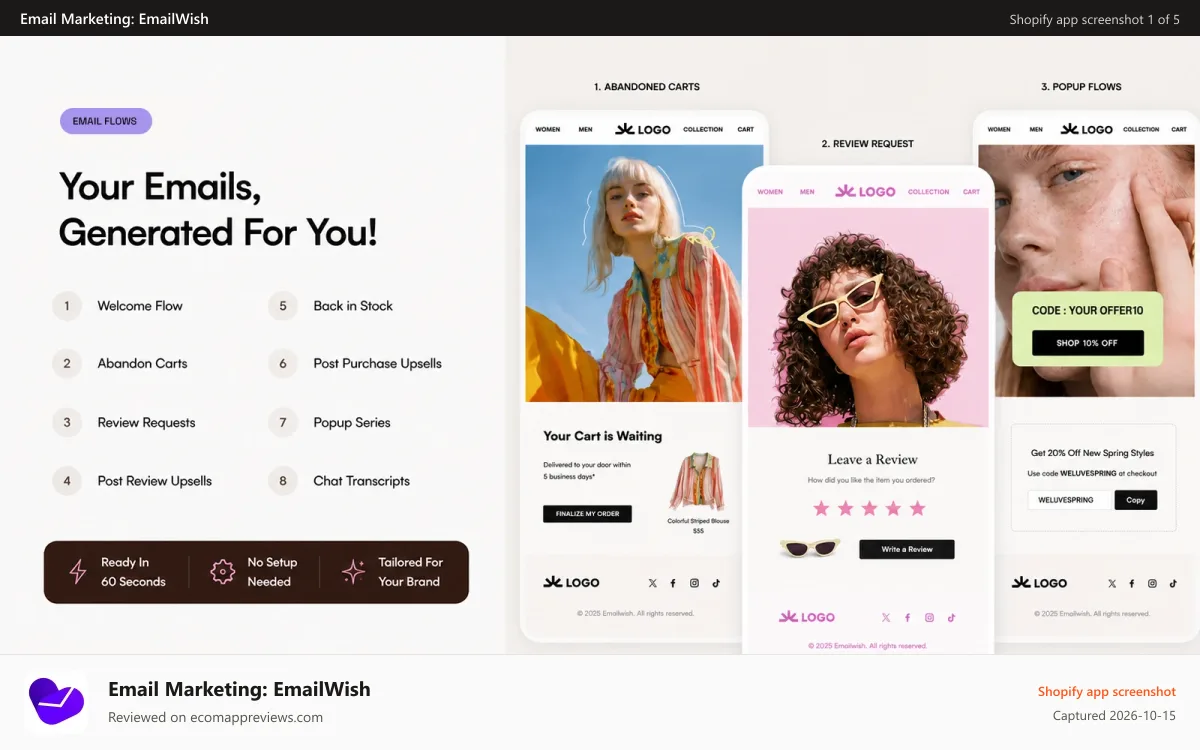 Email Marketing: EmailWish Shopify app screenshot: Prebuilt email flows: abandoned cart,review request & popup flow