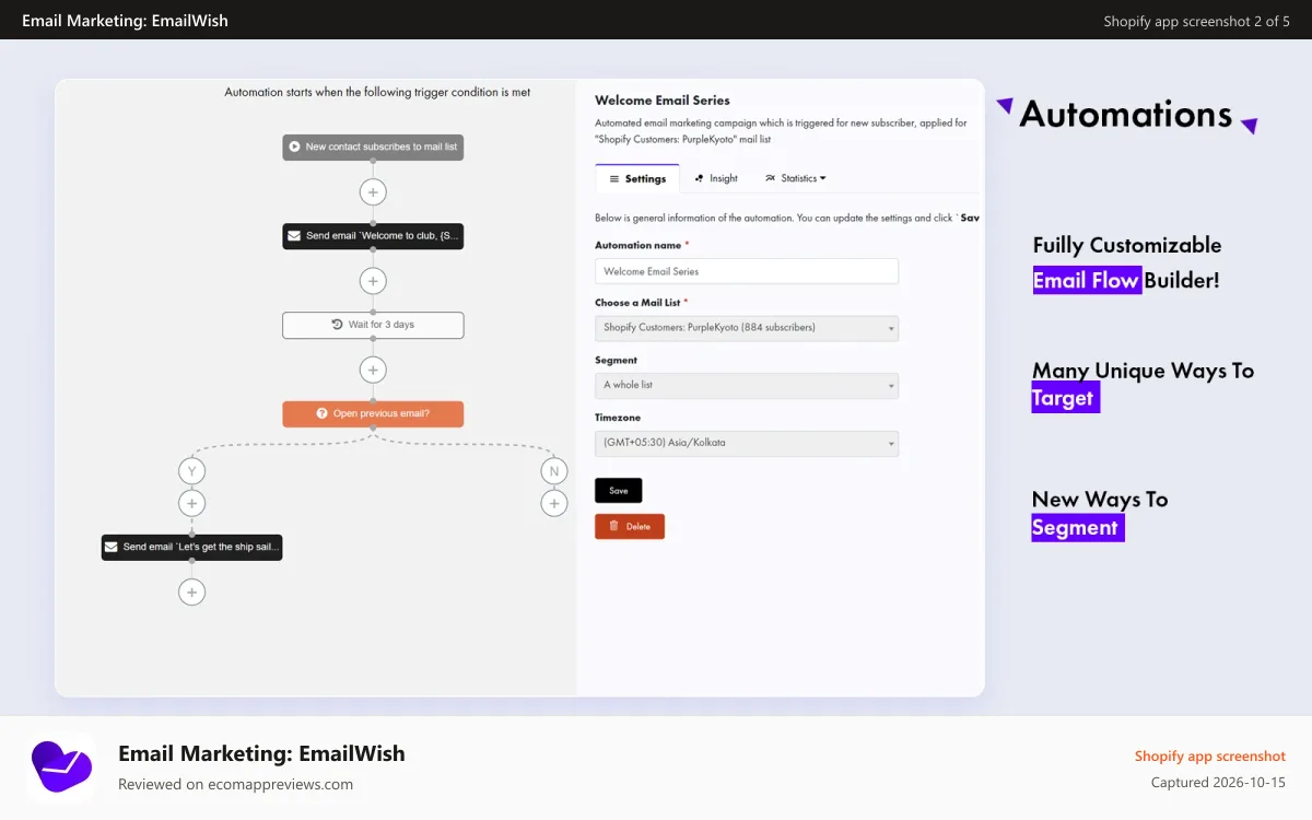 Email Marketing: EmailWish Shopify app screenshot: Email Marketing, abandoned cart, flows, automations shopify app