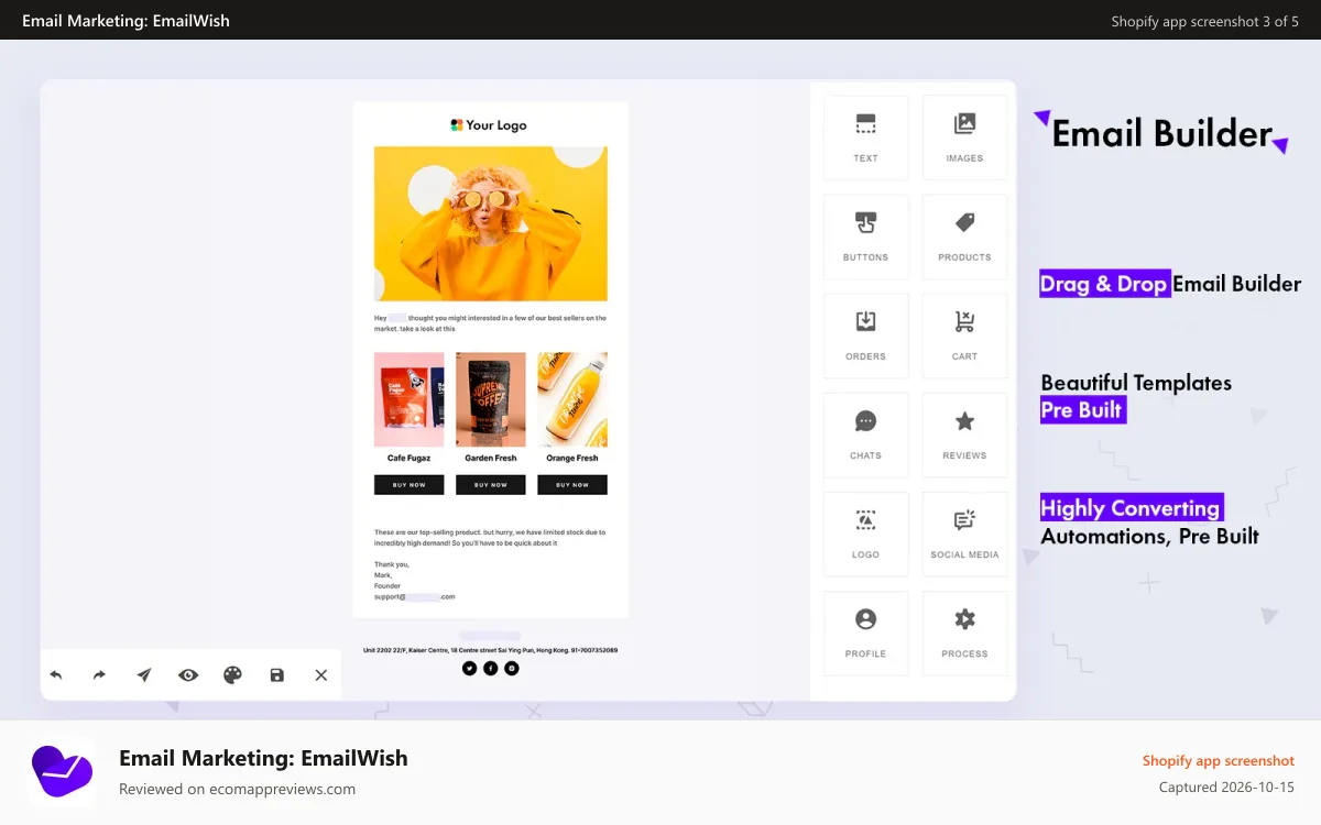 Email Marketing: EmailWish Shopify app screenshot: Email Marketing email builder shopify app