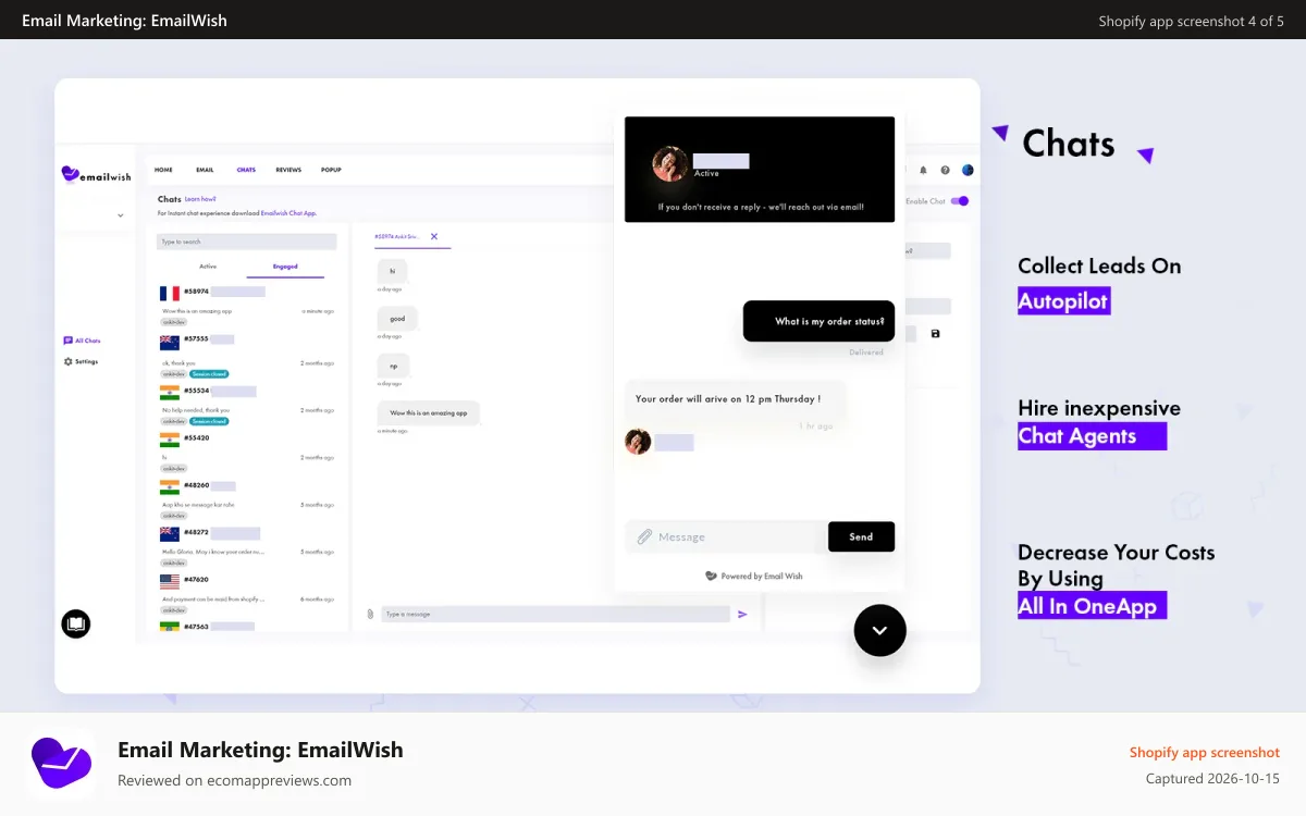 Email Marketing: EmailWish Shopify app screenshot: Email Marketing, chats & chat bots shopify app