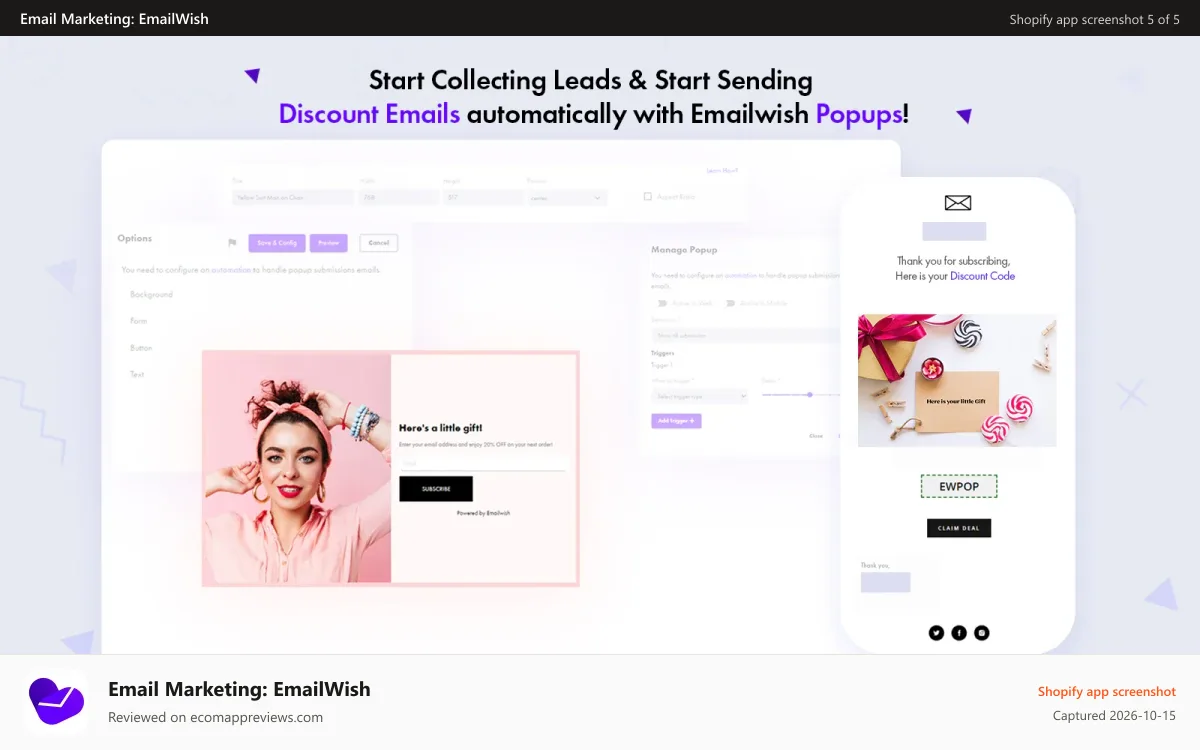 Email Marketing: EmailWish Shopify app screenshot: Email Marketing, abandoned cart, popups, chats & reviews shopify