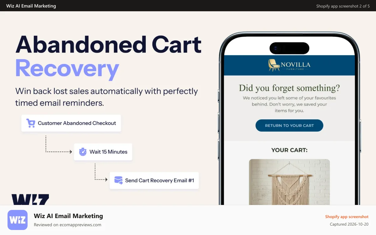 Wiz AI Email Marketing Shopify app screenshot: Abandoned cart recovery setup email marketing popup shopify flow