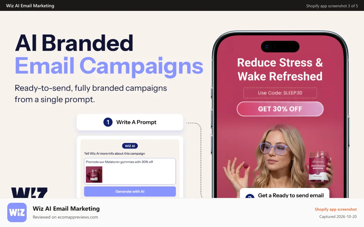 Wiz AI Email Marketing Shopify app screenshot: Abandoned checkout recovery EMAIL MARKETING & pop-up abanment