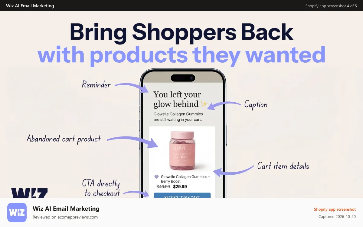 Wiz AI Email Marketing Shopify app screenshot: EMAIL MARKETING flow editor drag-and-drop editor abandoned cart