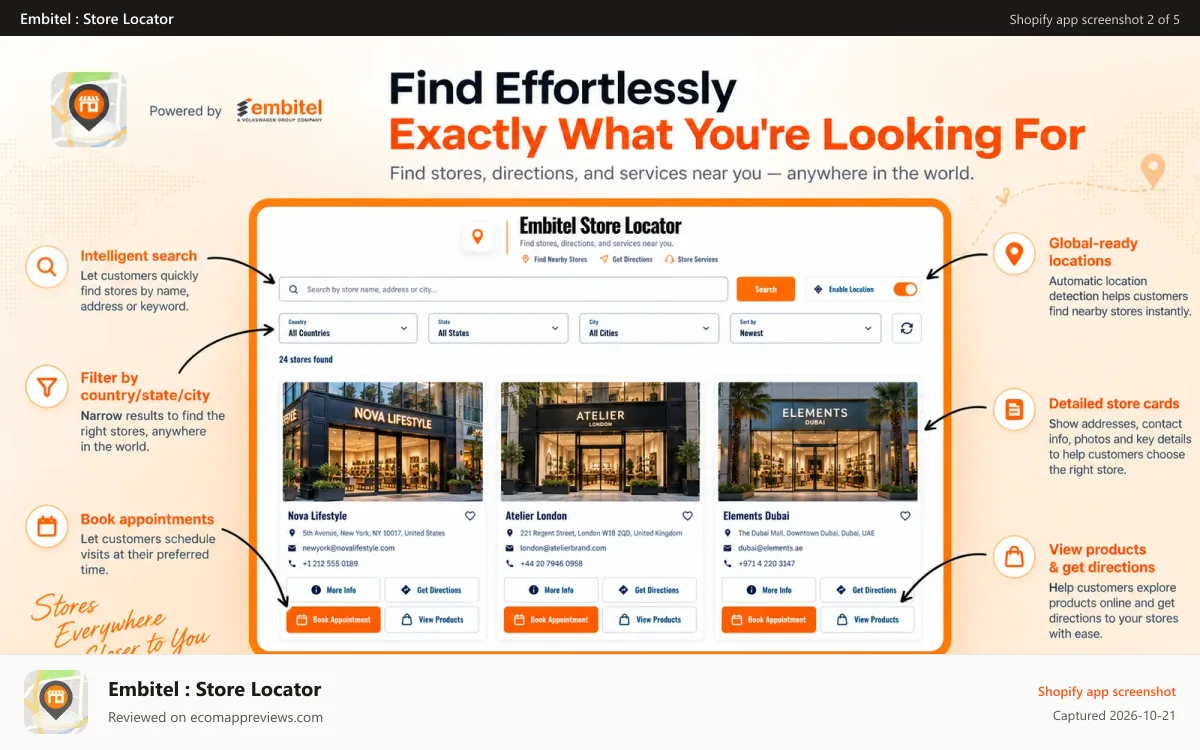 Embitel : Store Locator Shopify app screenshot: Find stores