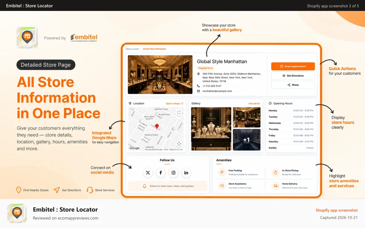 Embitel : Store Locator Shopify app screenshot: Store details