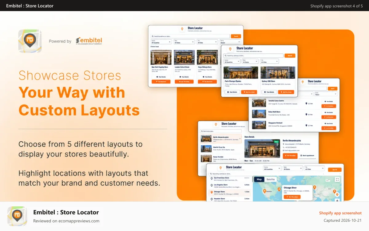 Embitel : Store Locator Shopify app screenshot: Multiple layouts