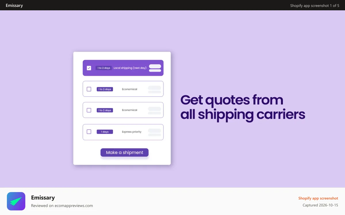 Emissary Shopify app screenshot: Get quotes from all parcel companies.