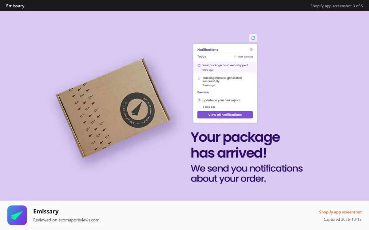 Emissary Shopify app screenshot: We send tracking notifications of your shipment.