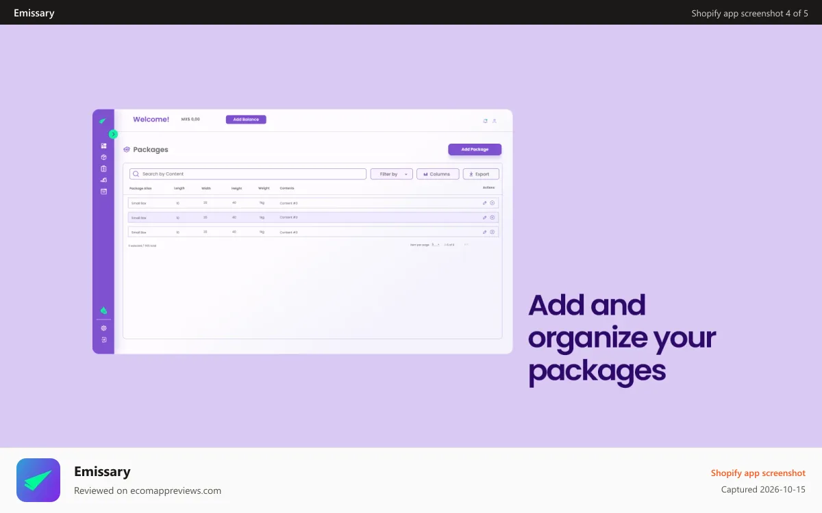 Emissary Shopify app screenshot: Create a variety of packages.