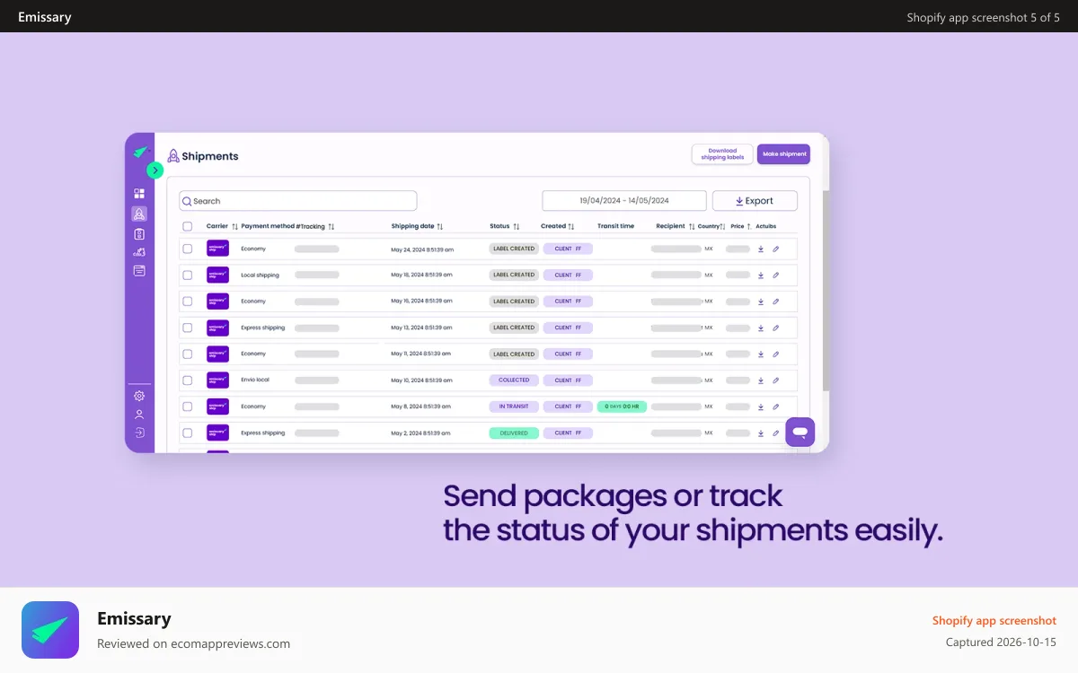 Emissary Shopify app screenshot: Monitor the status of your shipments.