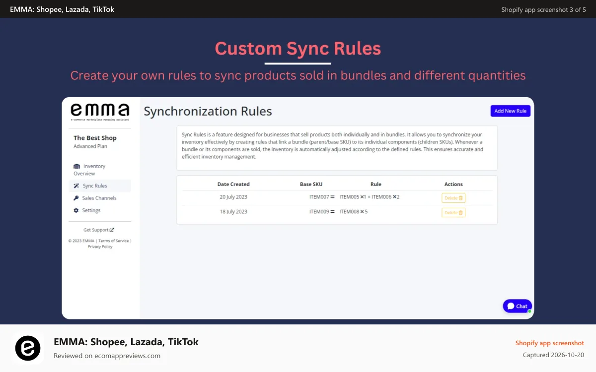 EMMA: Shopee, Lazada, TikTok Shopify app screenshot: Custom Synchronization Rules - Sync products sold in bundles