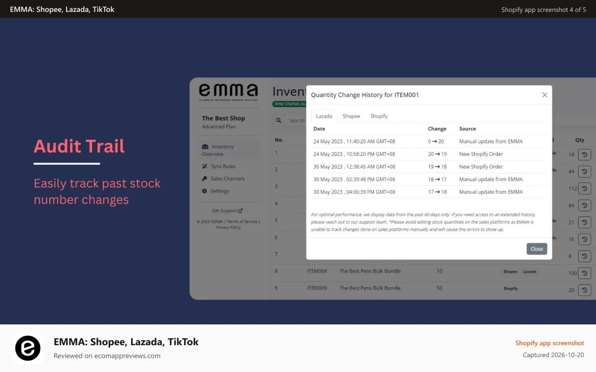 EMMA: Shopee, Lazada, TikTok Shopify app screenshot: Audit Trail - Easily track past stock number changes