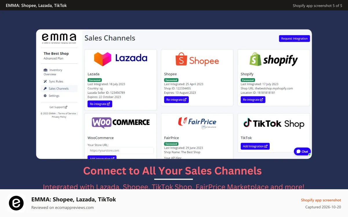 EMMA: Shopee, Lazada, TikTok Shopify app screenshot: Connect to All Your Sales Channels - Many integrations available