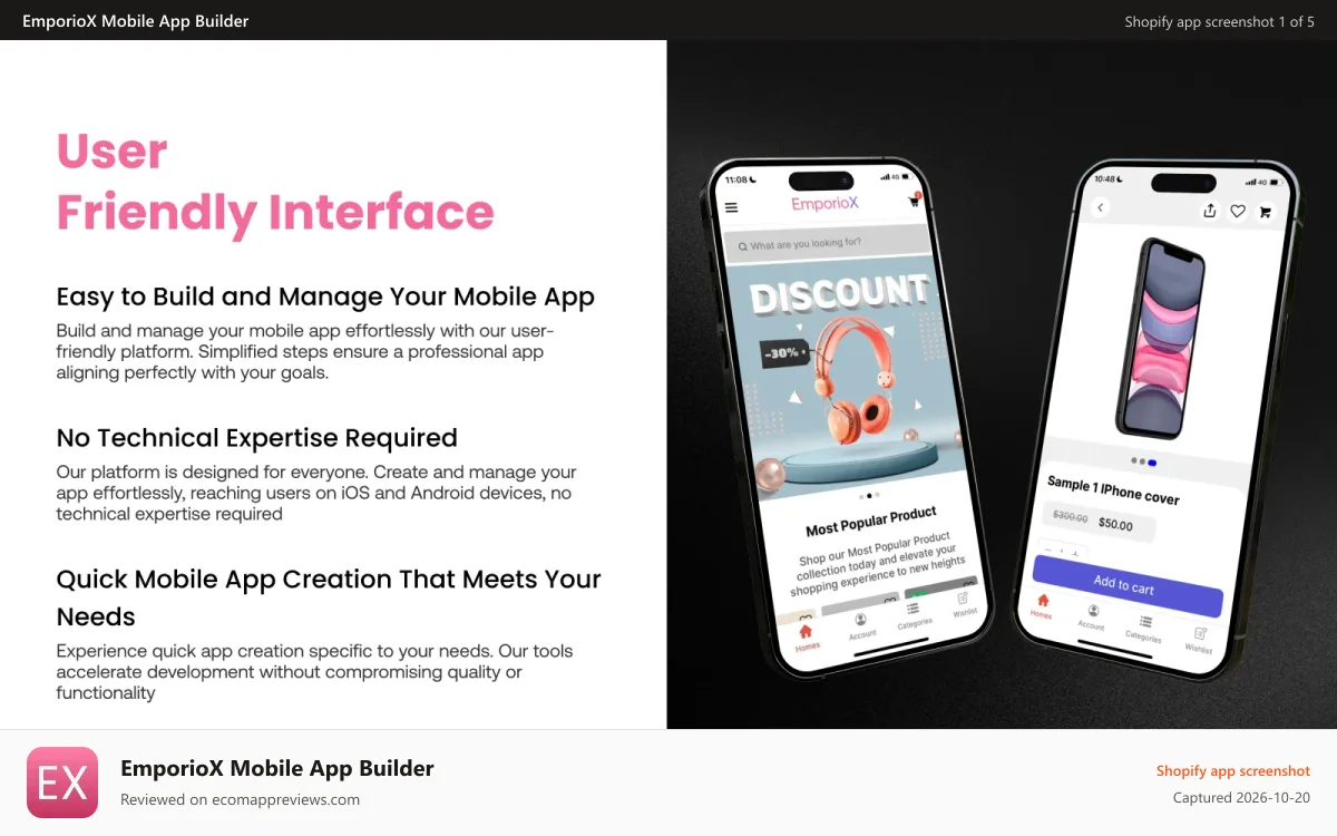 EmporioX Mobile App Builder Shopify app screenshot: User Friendly Interface