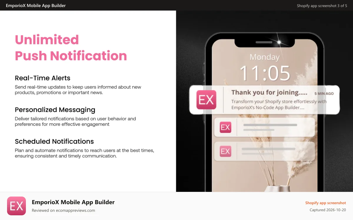 EmporioX Mobile App Builder Shopify app screenshot: Push Notification