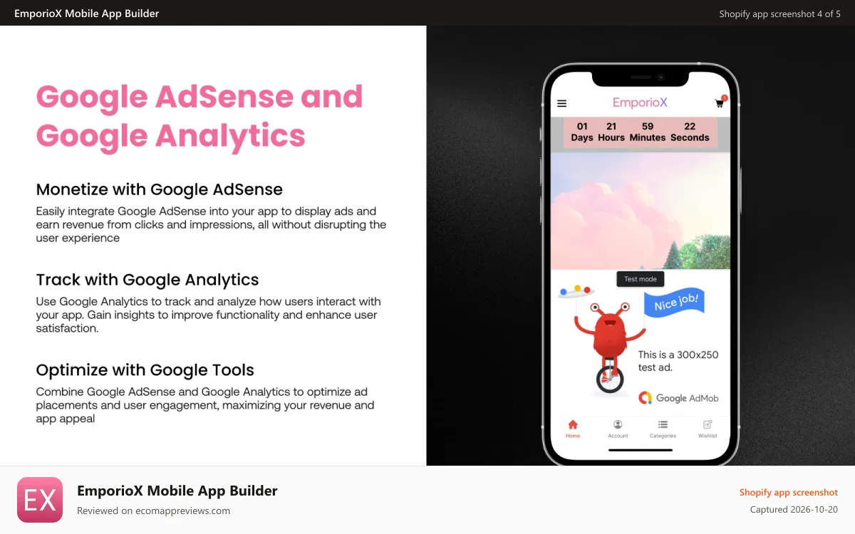 EmporioX Mobile App Builder Shopify app screenshot: Google adsense And google Analytics