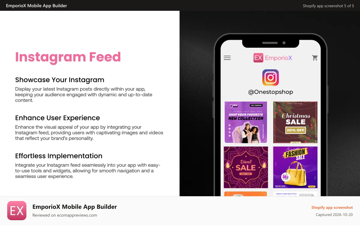 EmporioX Mobile App Builder Shopify app screenshot: Instagram Feed