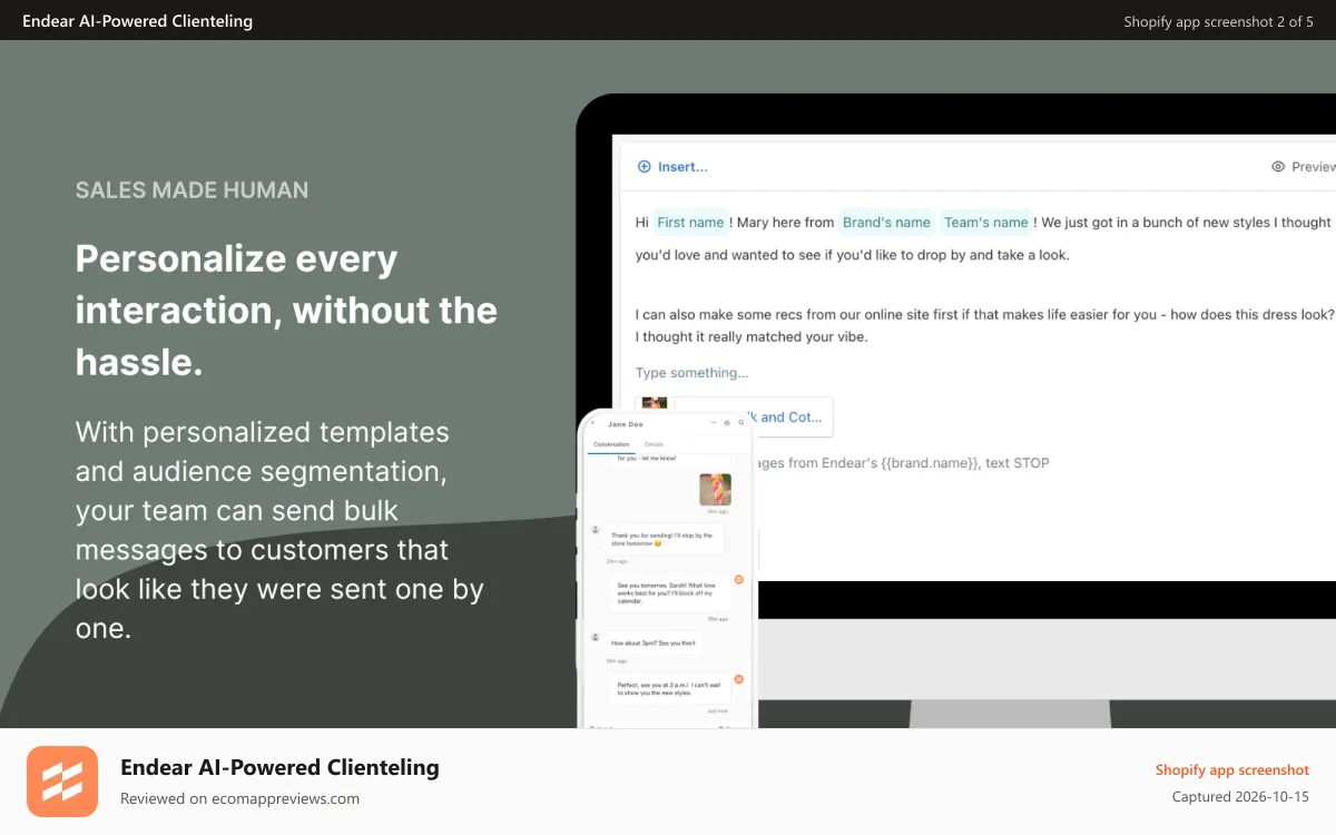 Endear AI‑Powered Clienteling Shopify app screenshot: Send bulk messages that look like they were sent one by one.